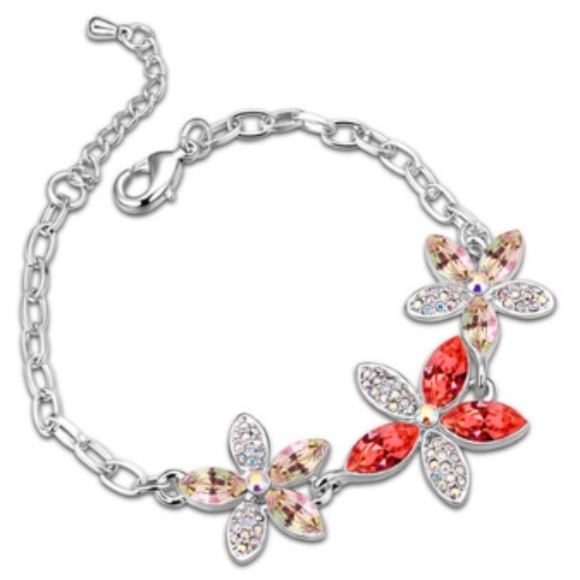 Jewelry - Silvertone Floral Bracelet with Swarovski Crystals